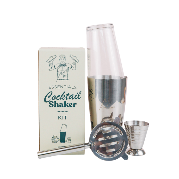 Mr. Consistent 'Essential' Cocktail Shaker including jigger and strainer | Premium Stainless Steel | Bar Tool for Beginners & Enthusiasts | Easy to Use | Home Mixology Essential