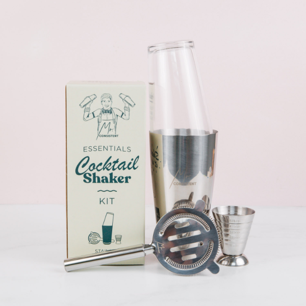 Mr. Consistent 'Essential' Cocktail Shaker including jigger and strainer | Premium Stainless Steel | Bar Tool for Beginners & Enthusiasts | Easy to Use | Home Mixology Essential